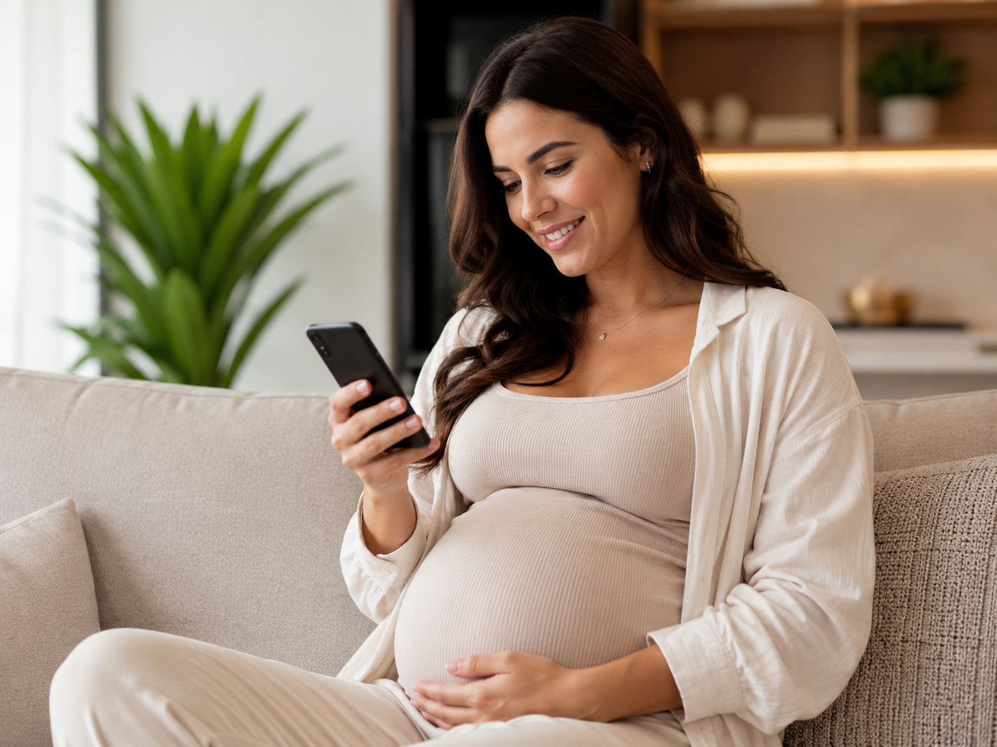 Gestante utilizando smartphone em ambiente moderno